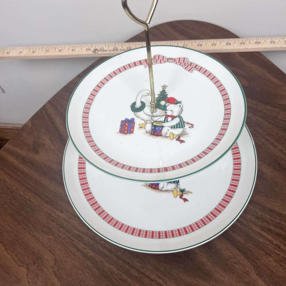 Anchor Dinnerware Holiday Memories 2 Tier Serving Tray Christmas Bear Porcelain